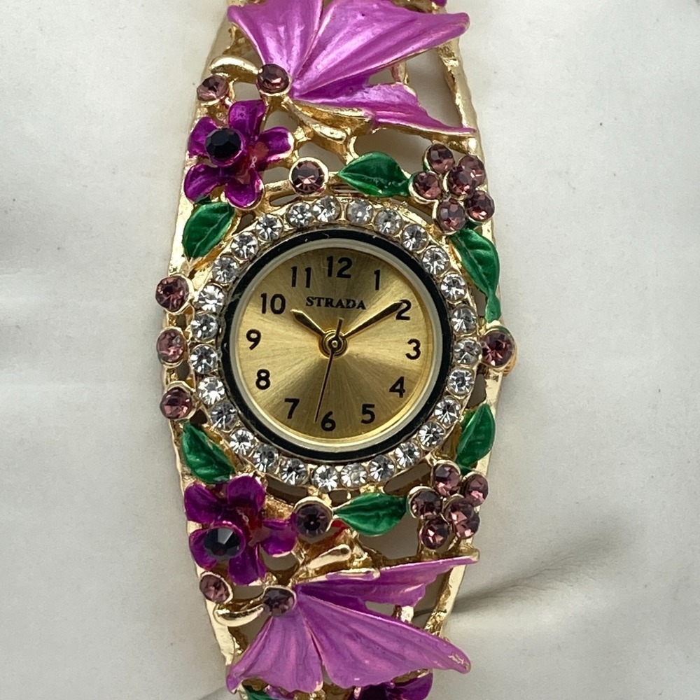 Strada Womens Watch Gold Tone Purple Floral Crystals Cuff 26mm New Battery 6.75"